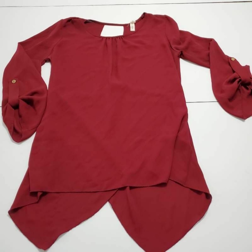 My Beloved Womens Blouse Red Roll Tab Sleeve Scoop Asymmetric Overlay Back S